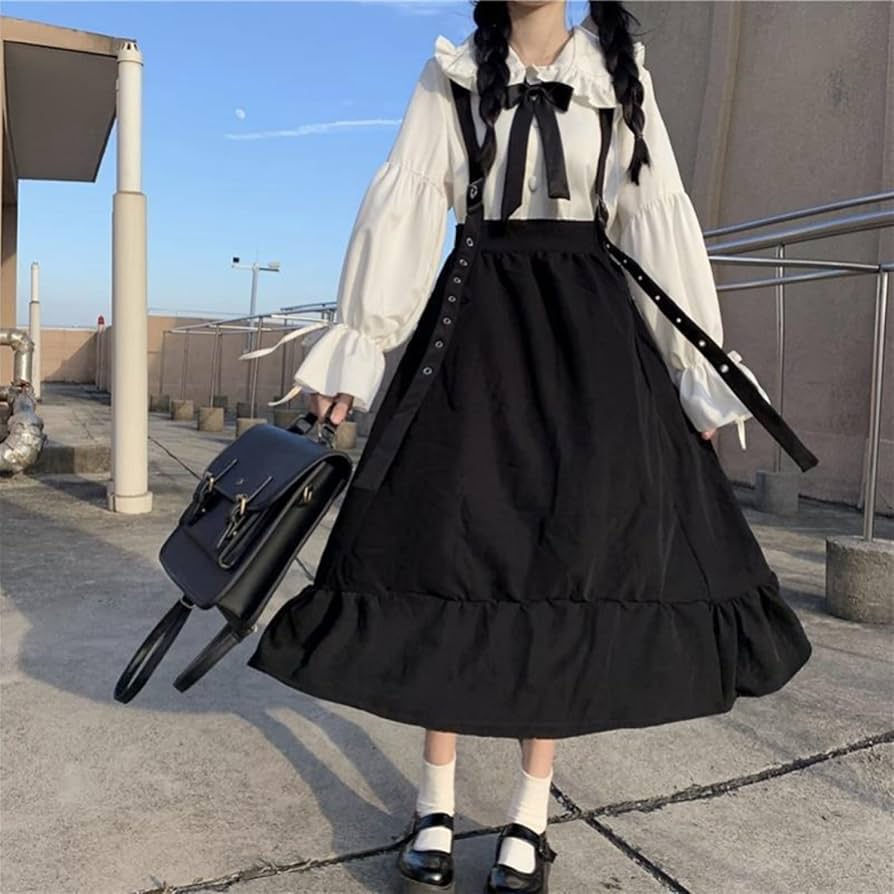ZKRZ Gothic Lolita Long Skirt Women Harajuku Ruffle Strap